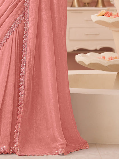 Peach Party Wear Georgette Embellished Saree