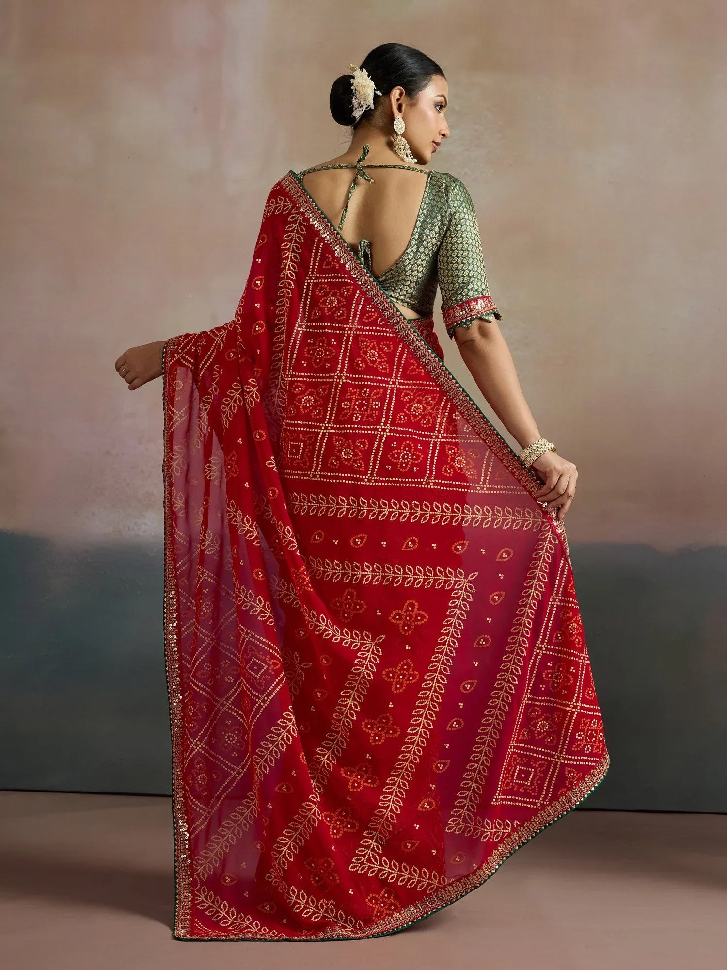 Red Bandhani Georgette Printed Saree
