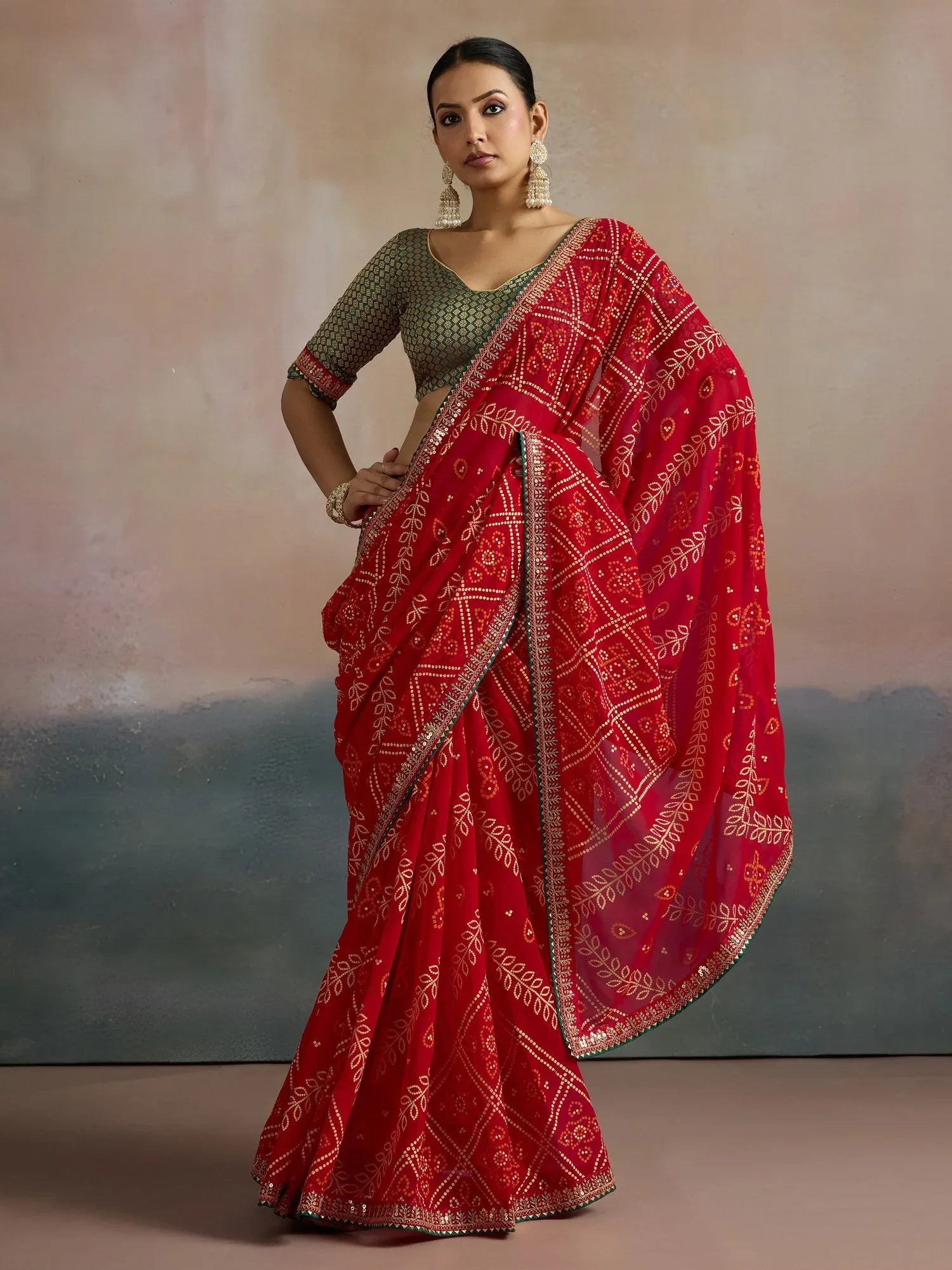 Red Bandhani Georgette Printed Saree