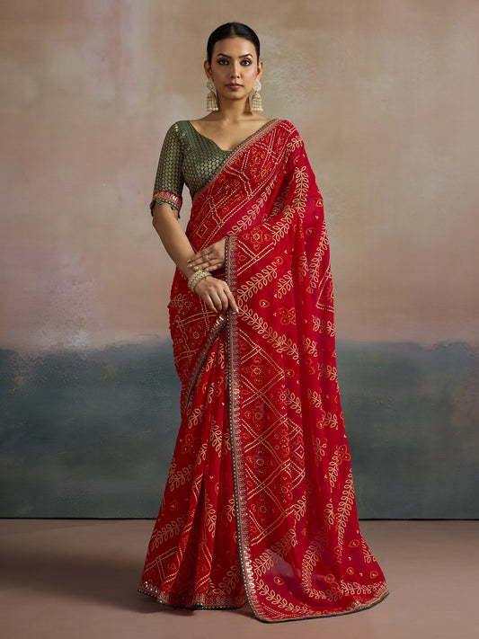 Red Red Bandhani Georgette Printed Saree