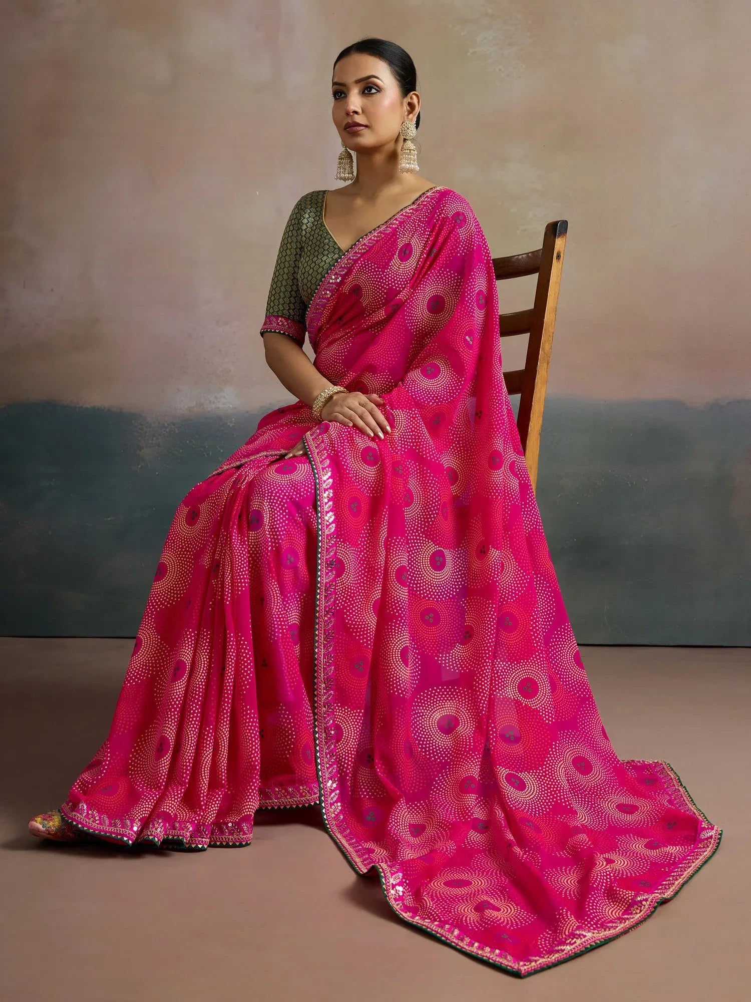 Pink Bandhani Georgette Printed Saree
