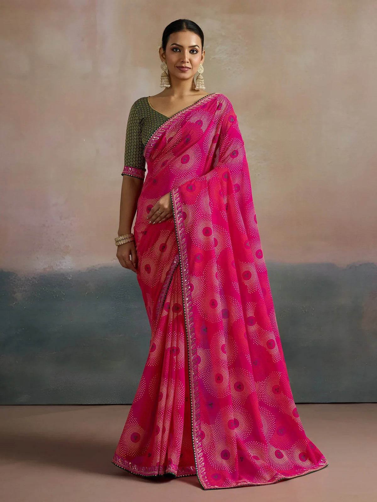 Pink Pink Bandhani Georgette Printed Saree