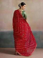 Red Bandhani Georgette Printed Saree