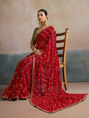 Red Bandhani Georgette Printed Saree
