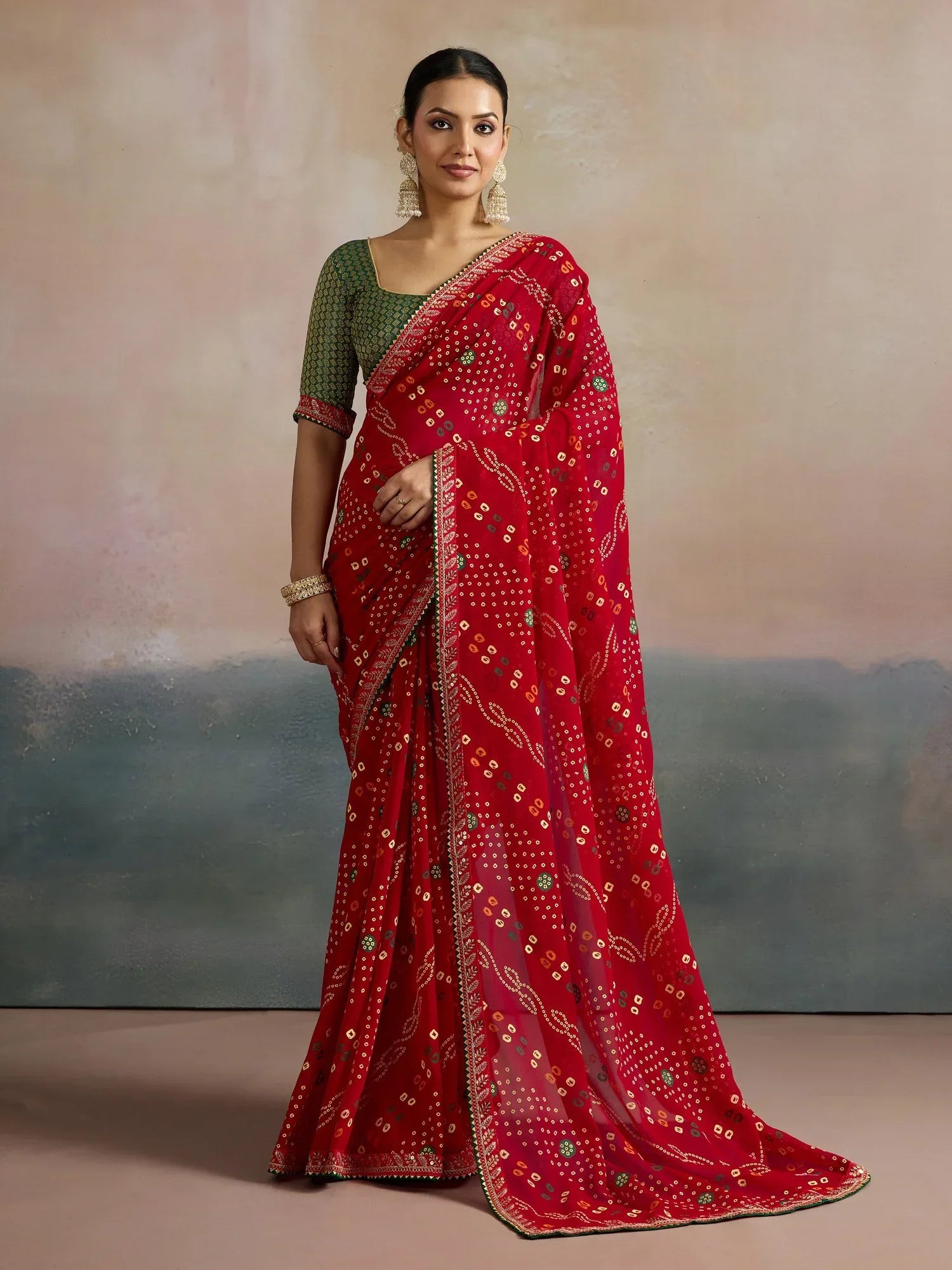 Red Red Bandhani Georgette Printed Saree