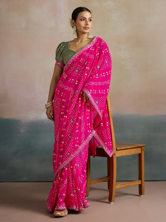 Pink Pink Bandhani Georgette Printed Saree