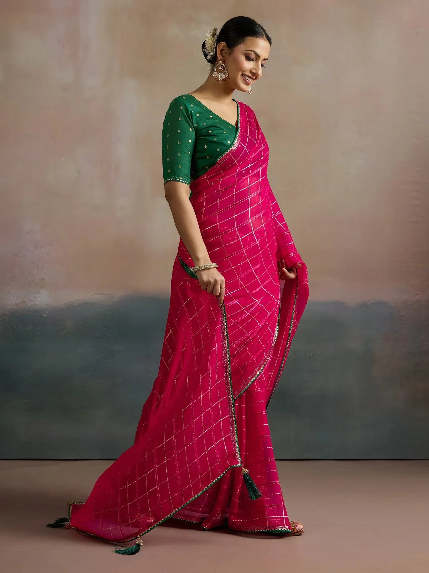 Pink Leheriya Viscose Printed Saree - The Dori Store
