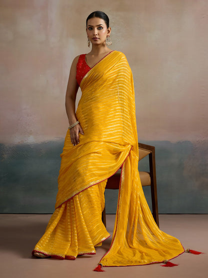 Yellow Leheriya Viscose Printed Saree