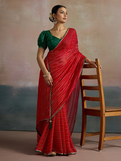 Red Leheriya Viscose Printed Saree