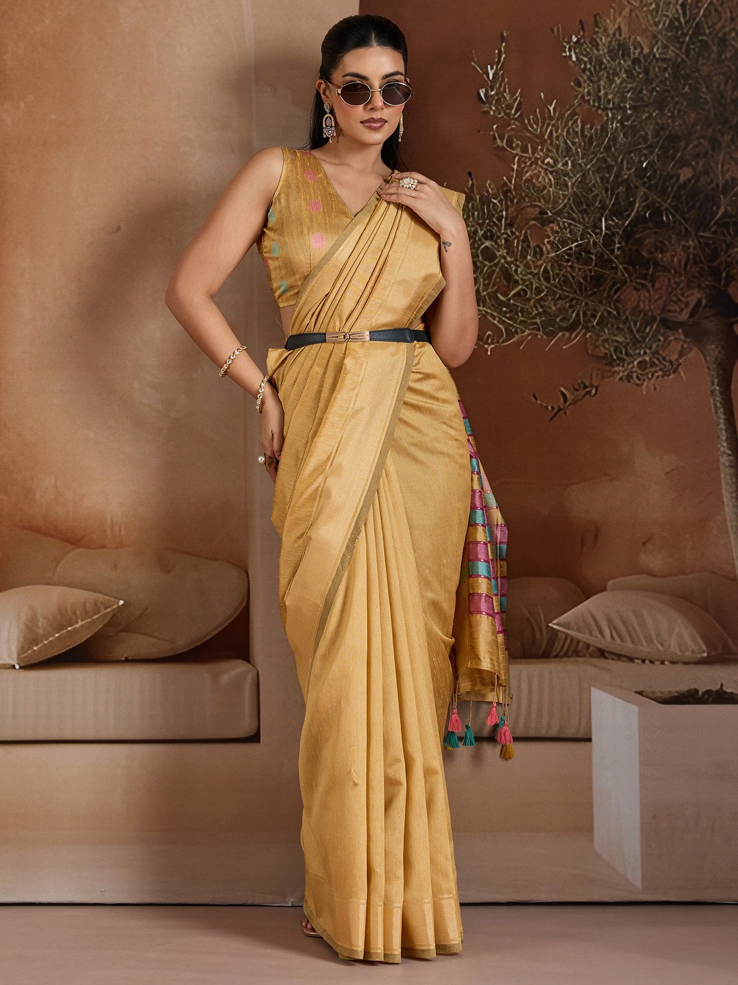 Mustard Mangalagiri Bhagalpuri Silk Woven Saree