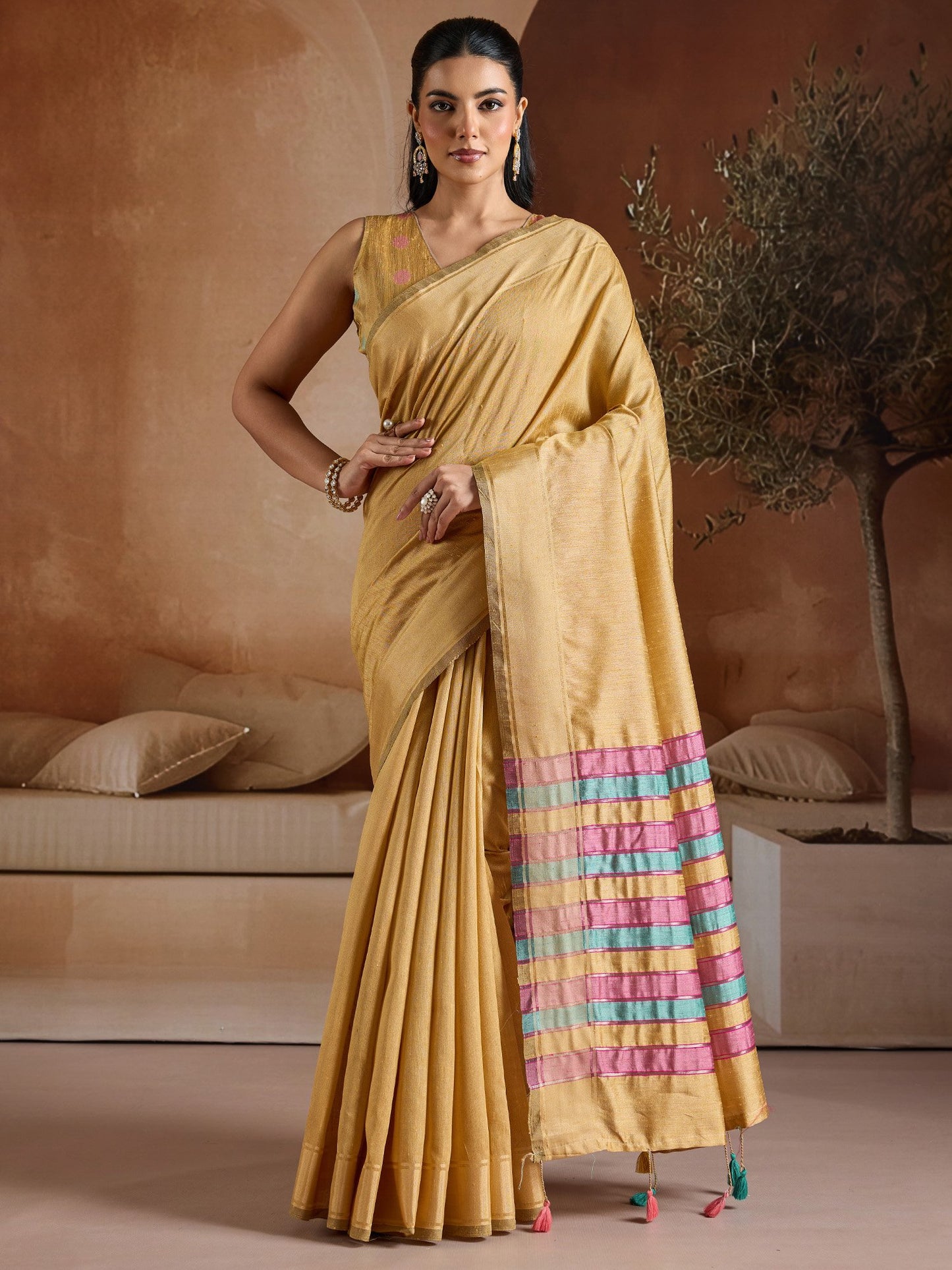 Mustard Mangalagiri Bhagalpuri Silk Woven Saree