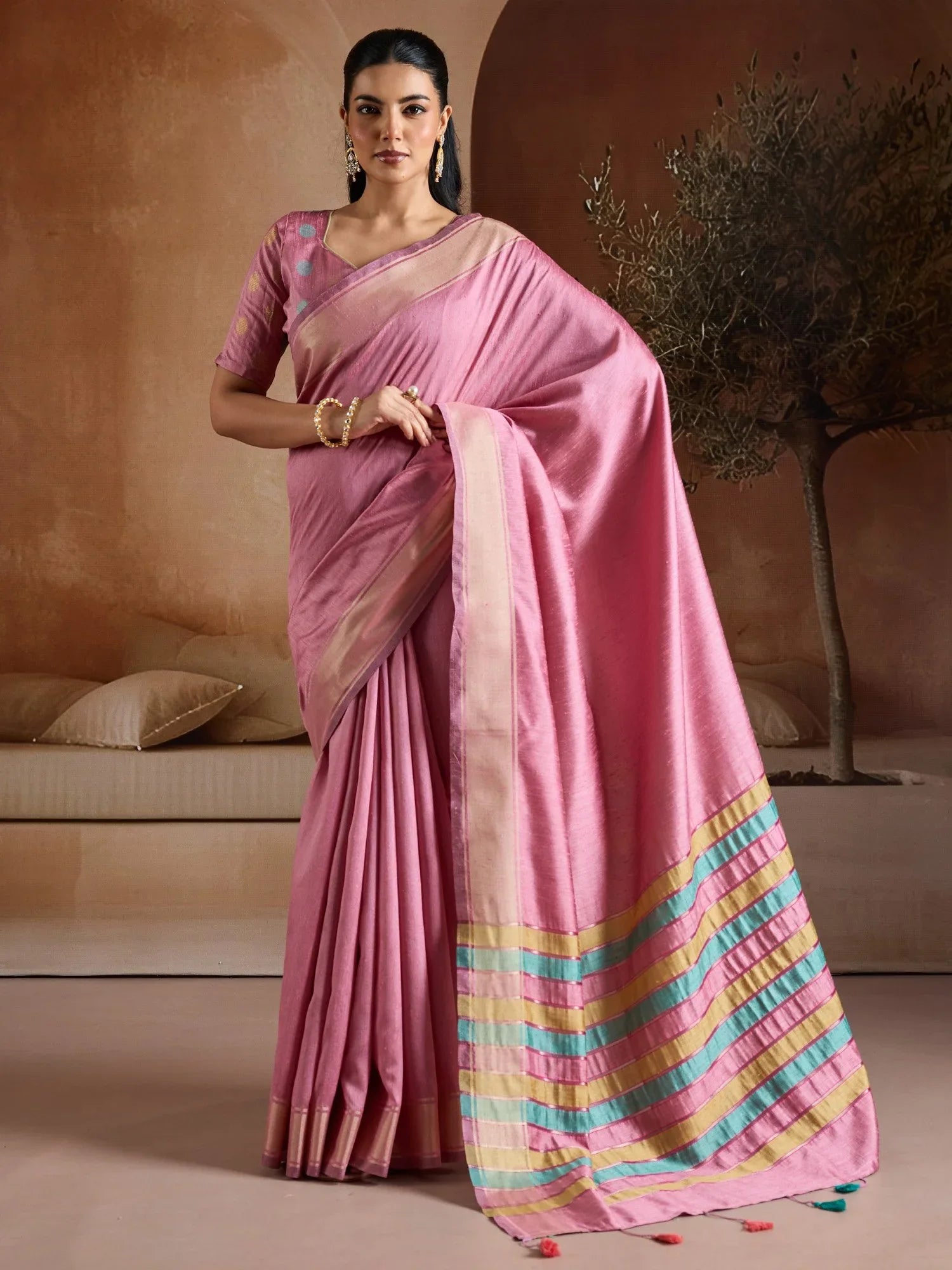 Pink Mangalagiri Bhagalpuri Silk Woven Saree - The Dori Store