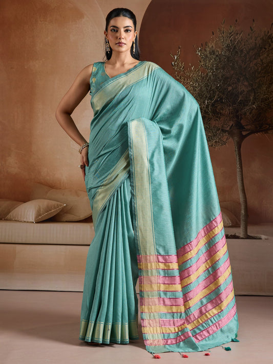 Blue Turquoise Mangalagiri Bhagalpuri Silk Woven Saree