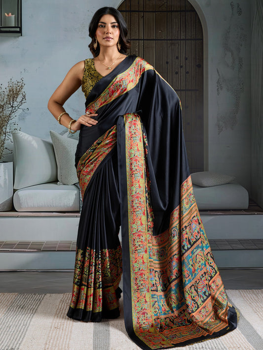 Black Black Banarasi Satin Printed Saree