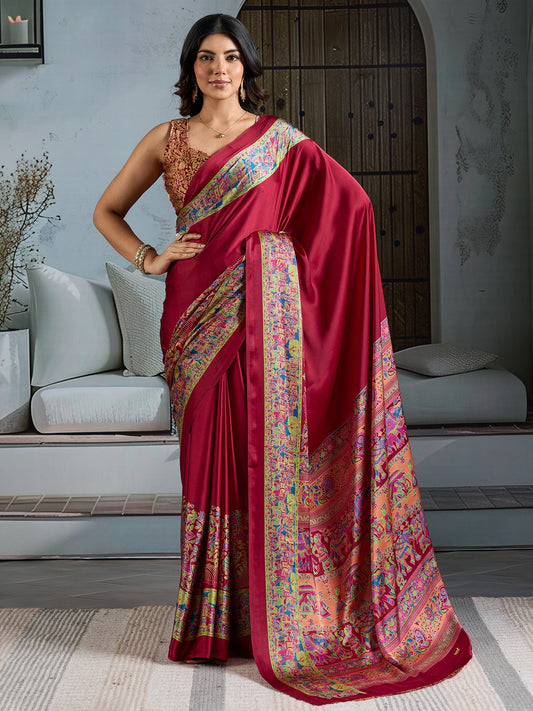 Maroon Maroon Banarasi Satin Printed Saree