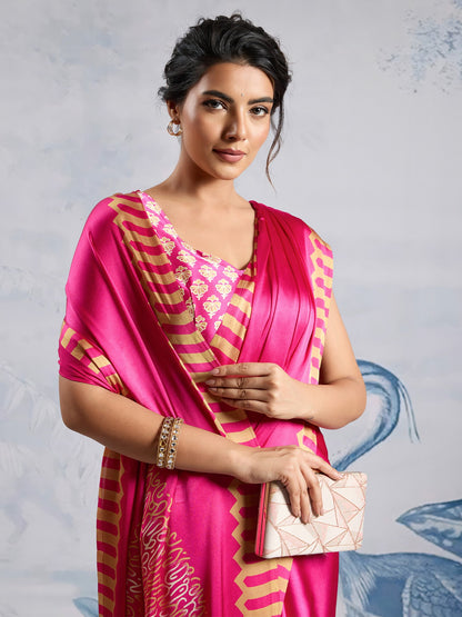 Magenta Block Print Satin Printed Saree