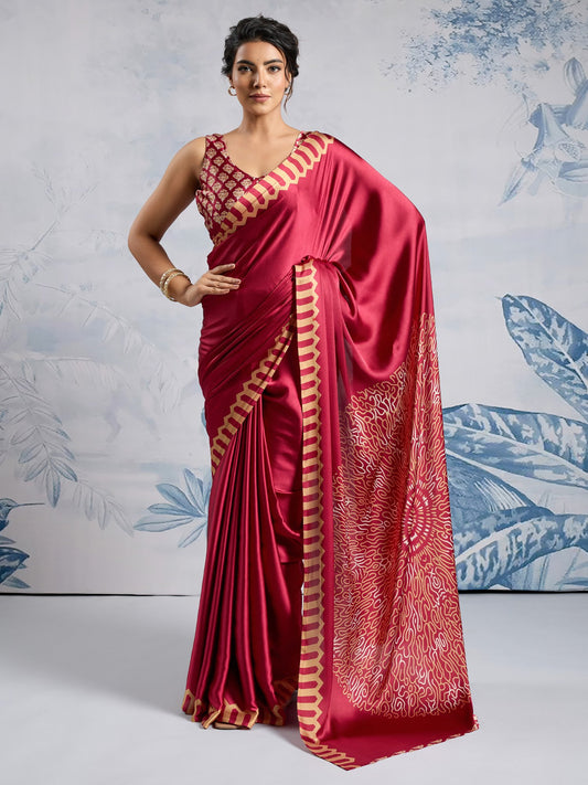 Maroon Maroon Block Print Satin Printed Saree