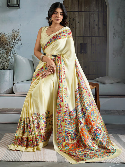 Cream Banarasi Satin Printed Saree