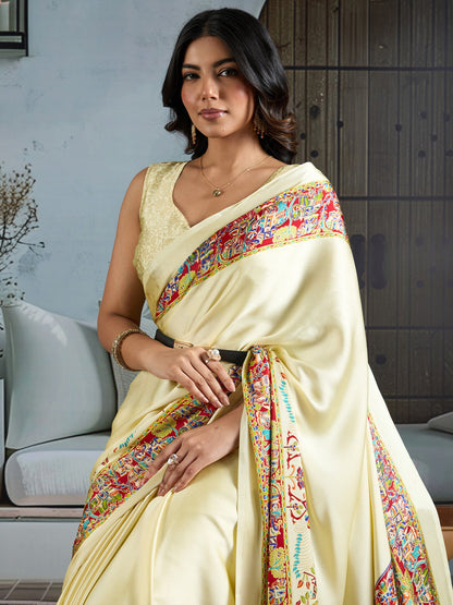 Cream Banarasi Satin Printed Saree