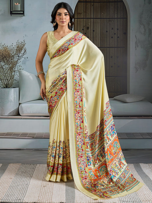 Cream Cream Banarasi Satin Printed Saree
