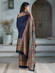 Navy Banarasi Satin Printed Saree - The Dori Store