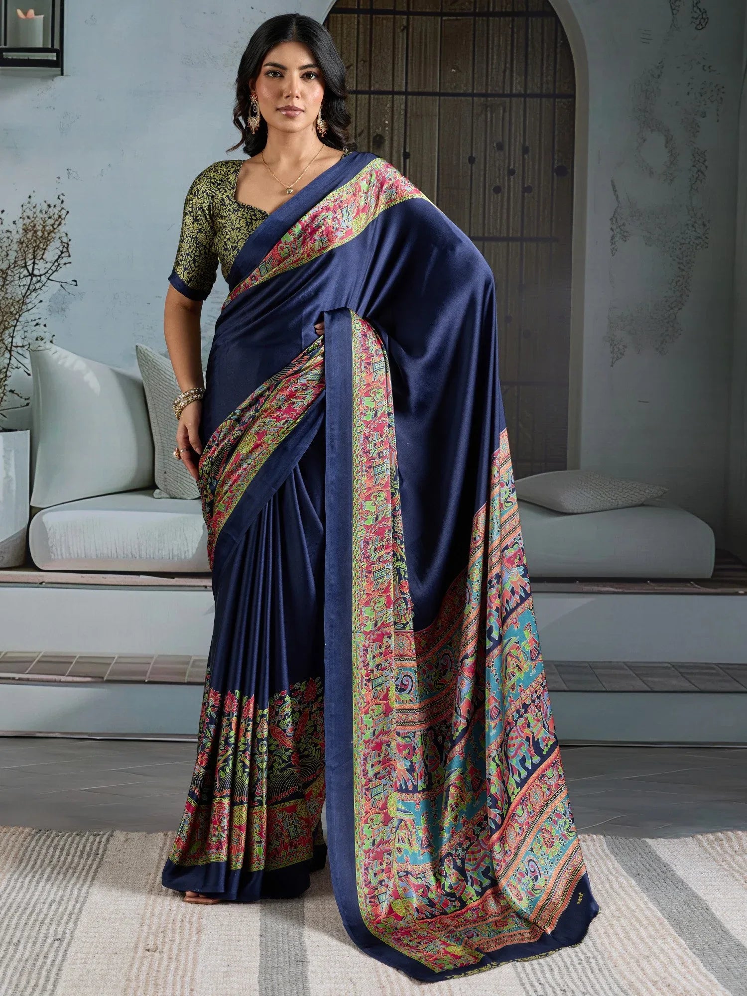 Navy Banarasi Satin Printed Saree - The Dori Store