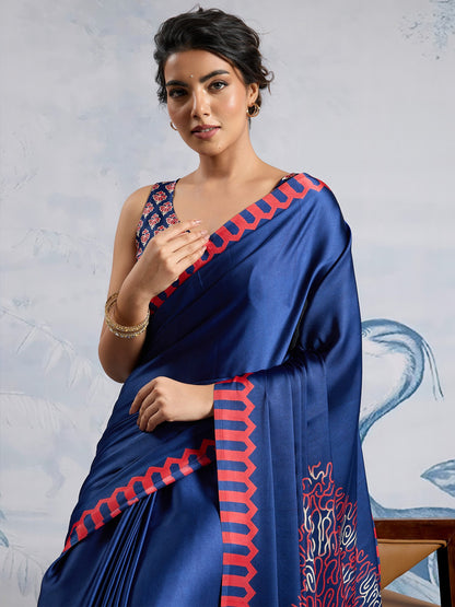 Blue Block Print Satin Printed Saree