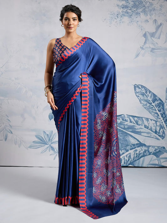 Blue Blue Block Print Satin Printed Saree