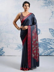 Black Block Print Satin Printed Saree