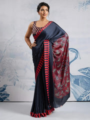 Black Block Print Satin Printed Saree