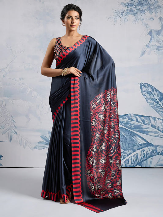 Black Black Block Print Satin Printed Saree