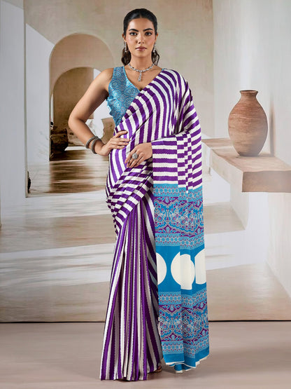 Purple Purple Leheriya Satin Printed Saree