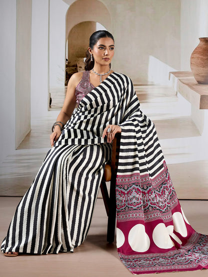 Black Leheriya Satin Printed Saree