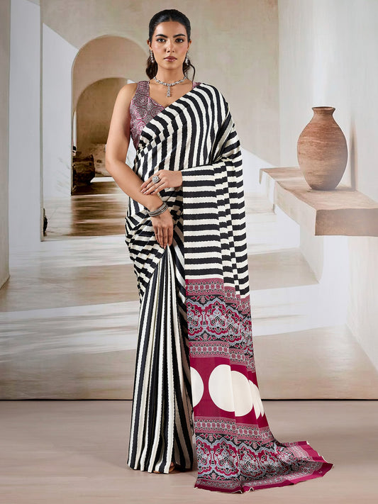 Black Black Leheriya Satin Printed Saree