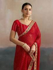Red Bandhani Georgette Printed Saree