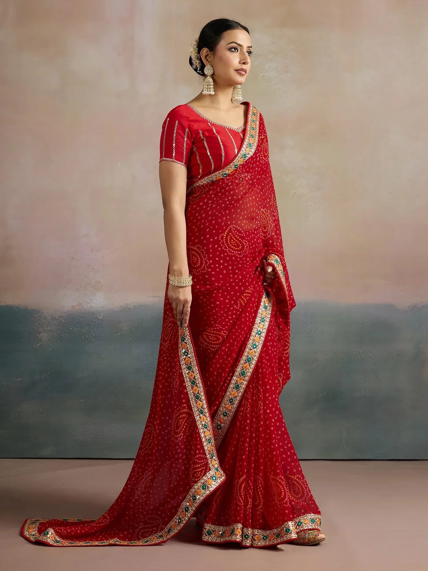Red Bandhani Georgette Printed Saree