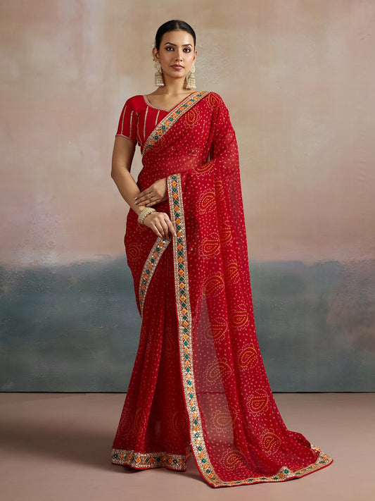 Red Red Bandhani Georgette Printed Saree