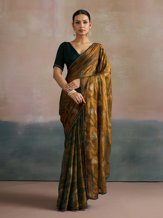 Brown Bronze Party Wear Chiffon Printed Saree