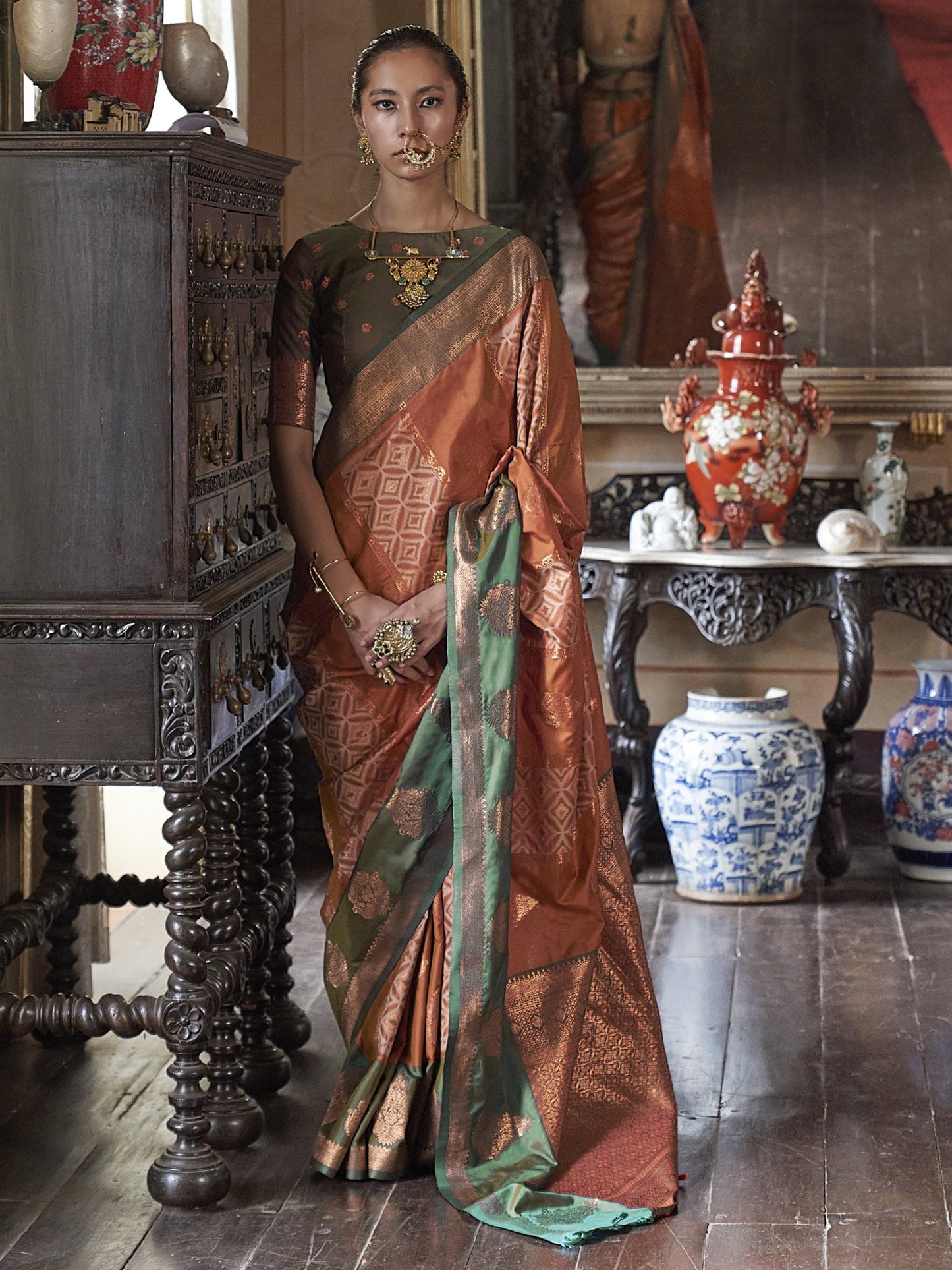 Rust Banarasi Pure Silk Woven Saree