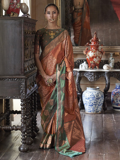 Rust Banarasi Pure Silk Woven Saree