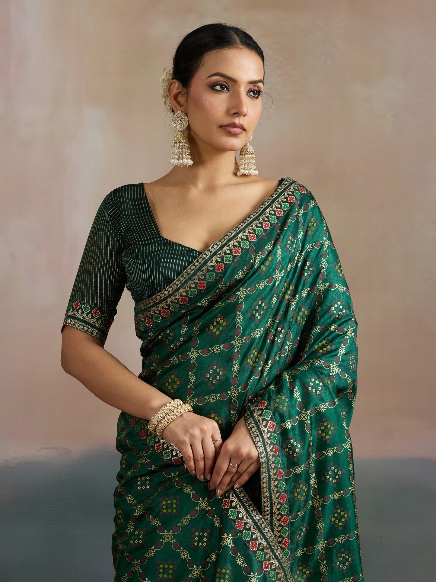 Green Bandhani Dola Silk Digital Print Saree