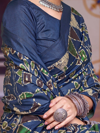 Navy Banarasi Silk Blend Printed Saree