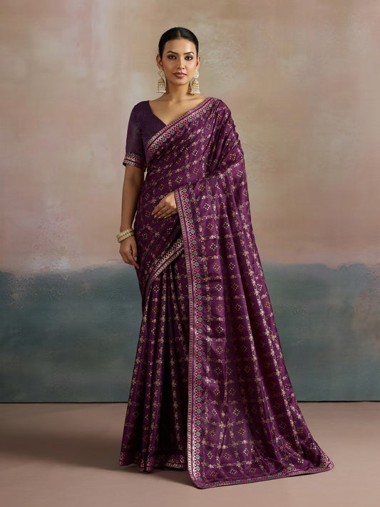 Purple Purple Bandhani Dola Silk Digital Print Saree