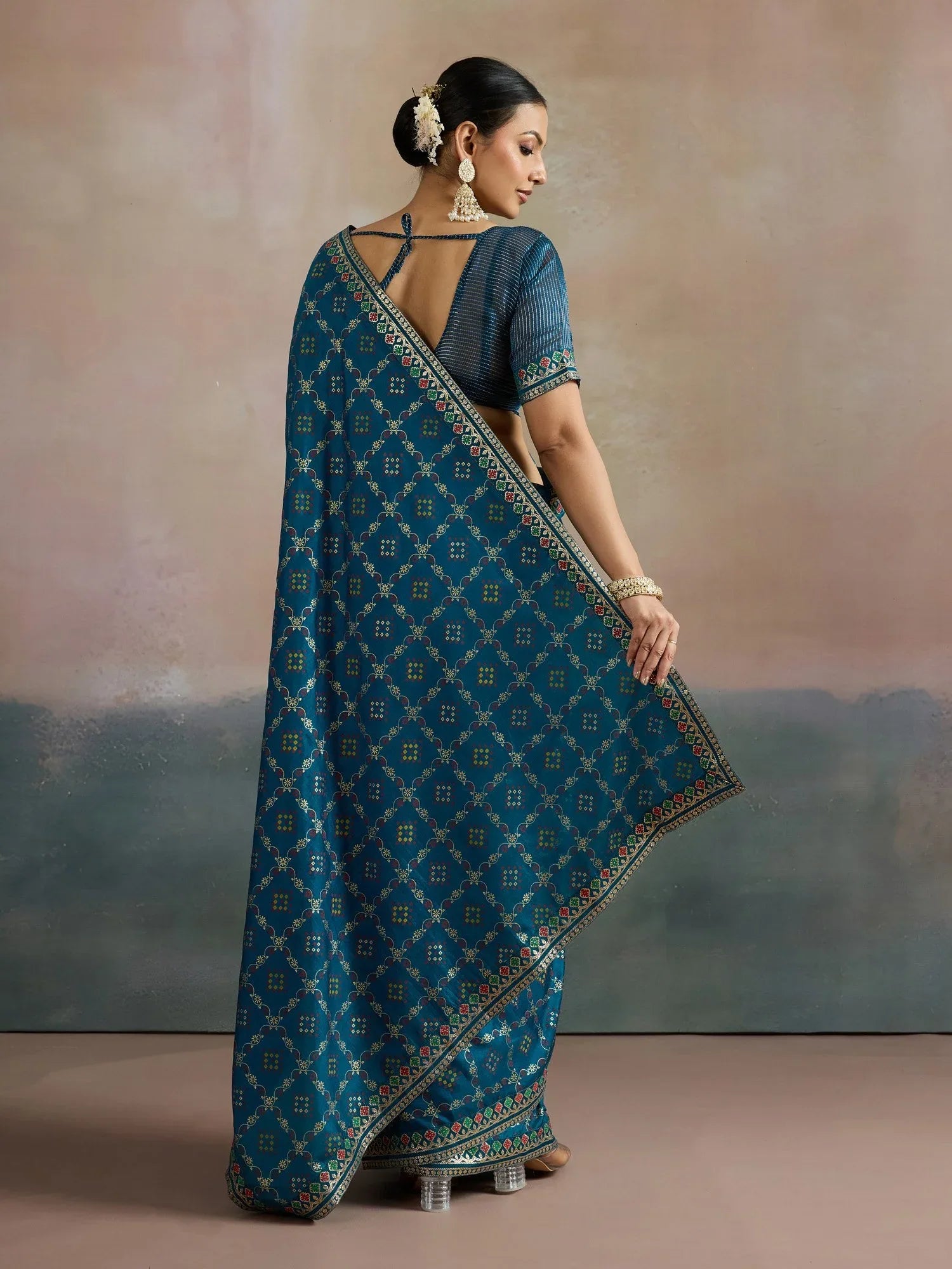 Teal Blue Bandhani Dola Silk Digital Print Saree