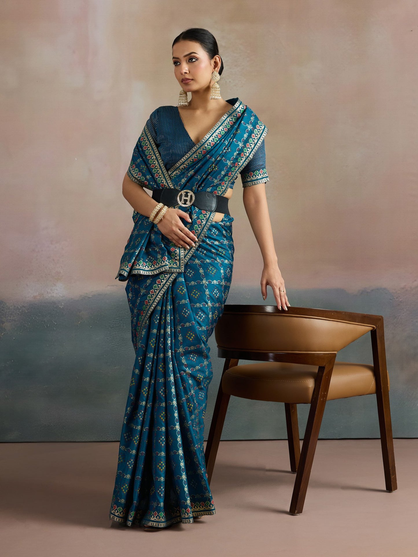 Teal Bandhani Dola Silk Digital Print Saree