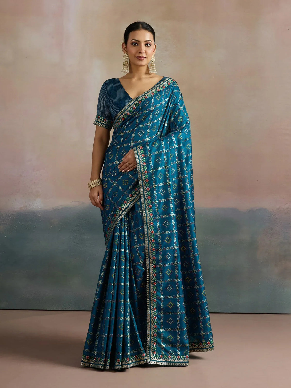 Blue Teal Bandhani Dola Silk Digital Print Saree