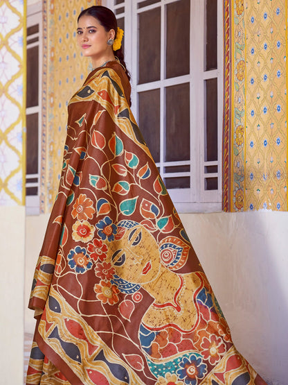 Brown Banarasi Silk Blend Printed Saree