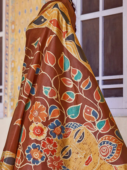 Brown Banarasi Silk Blend Printed Saree