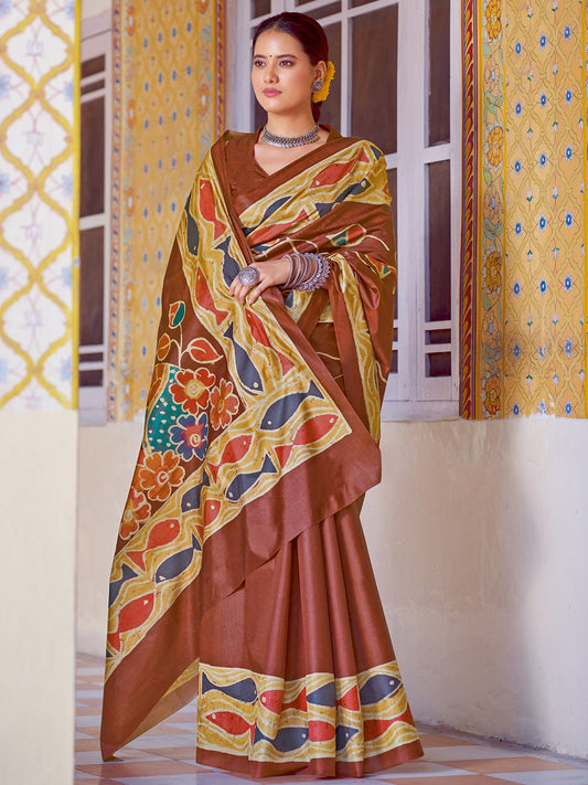 Brown Brown Banarasi Silk Blend Printed Saree