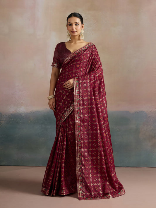 Maroon Maroon Bandhani Dola Silk Digital Print Saree